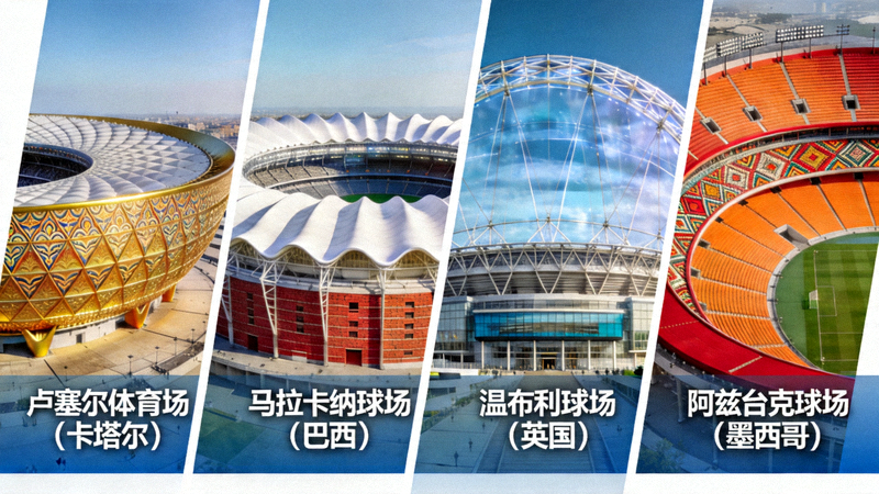 多个世界杯球场外观对比图，展示不同建筑设计