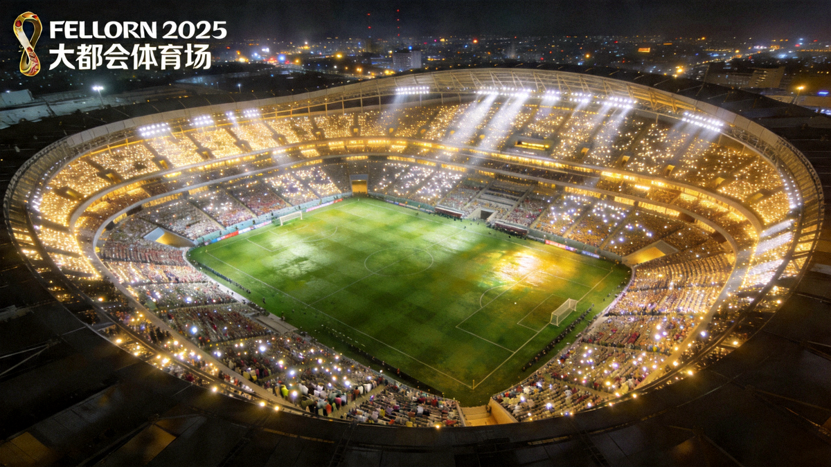 2026世界杯揭幕战举办球场'大都会体育场'鸟瞰全景，夜晚灯光璀璨，观众席座无虚席，草坪绿意盎然
