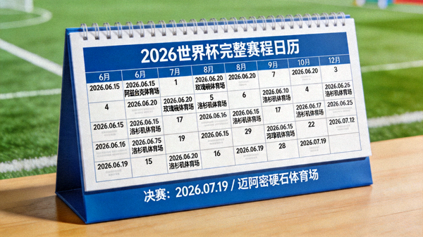 2026世界杯完整赛程日历桌面视图，标记了所有比赛日期与球场