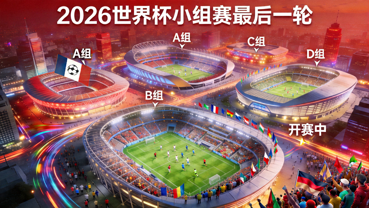 2026世界杯小组赛最后一轮多个球场同时开赛的鸟瞰合成图，气氛紧张热烈