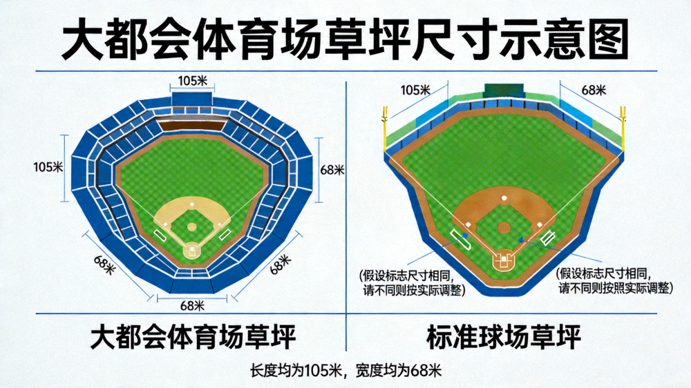 大都会体育场草坪尺寸示意图，标注了105米长和68米宽的边界线，并与标准球场进行对比