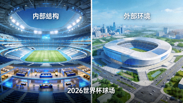 现代化的2026世界杯球场内部结构透视图与外部航拍对比