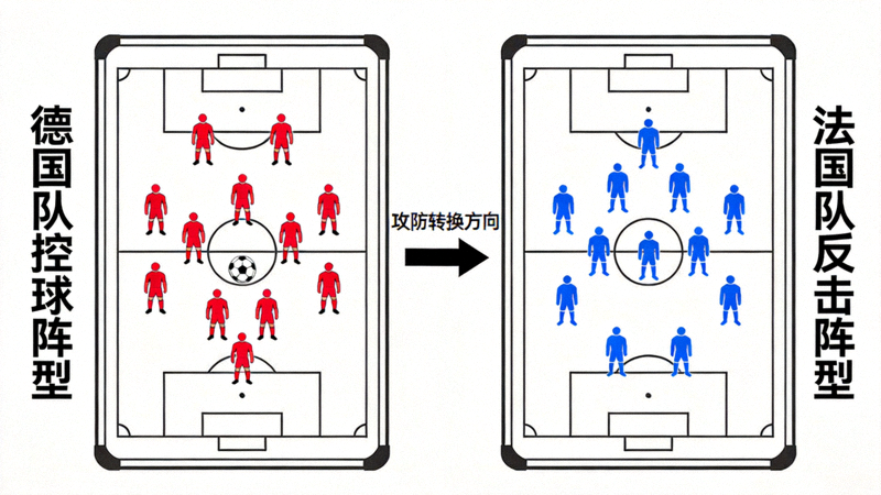 战术板示意图，左侧为德国队控球阵型，右侧为法国队反击阵型，中间用箭头表示攻防转换方向