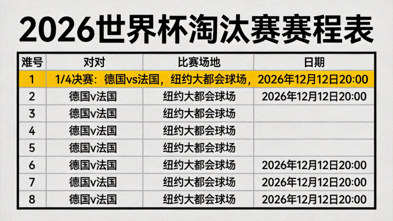 2026世界杯淘汰赛赛程表，高亮显示德国对阵法国在纽约大都会球场的比赛日期与时间