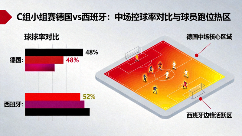 C组小组赛德国对阵西班牙，中场控球率对比图与球员跑位热区