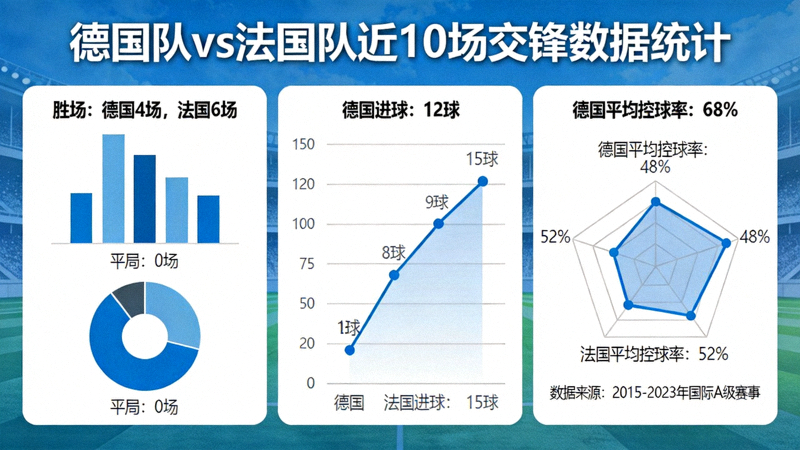 德国队与法国队历史交锋数据统计图表，显示近10场比赛的胜负、进球与控球率对比