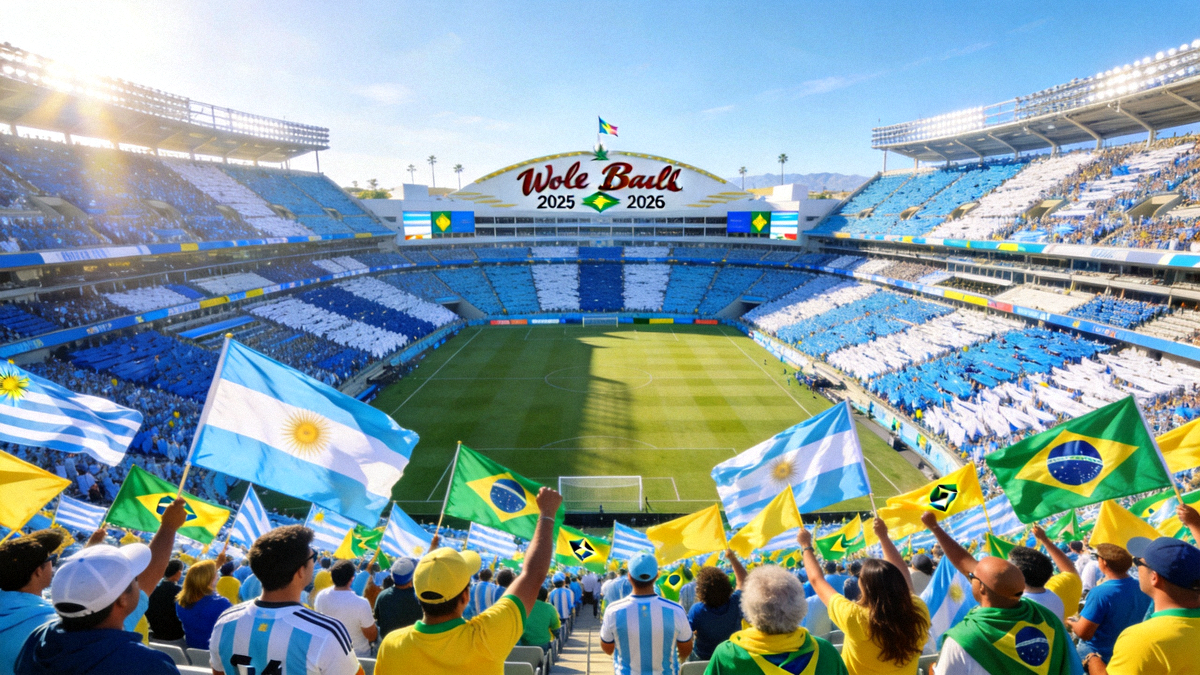 洛杉矶玫瑰碗体育场全景，2026世界杯阿根廷对阵巴西比赛日，球场内座无虚席，蓝白与黄绿旗帜交织