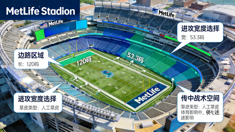 纽约大都会球场（MetLife Stadium）的俯瞰图，标注了球场尺寸、草皮类型以及边路区域，显示其对战术的影响