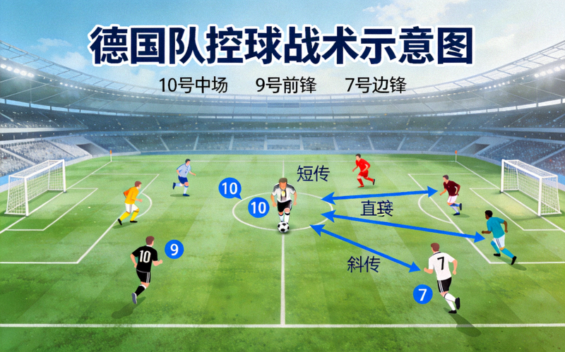 德国队控球战术示意图，展示球员在宽阔的大都会球场中的典型移动与传球线路