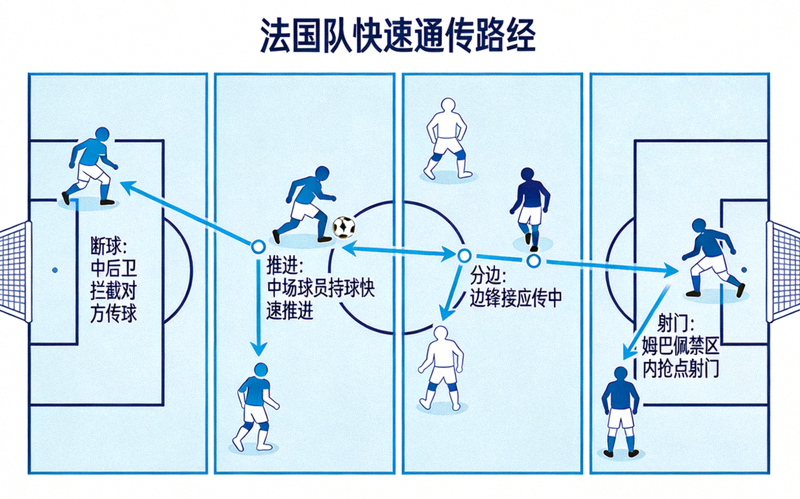 法国队快速反击战术示意图，展示从断球到姆巴佩等人冲刺完成射门的典型路径