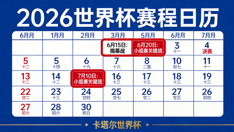 2026世界杯赛程日历桌面视图，标记了重要比赛日期