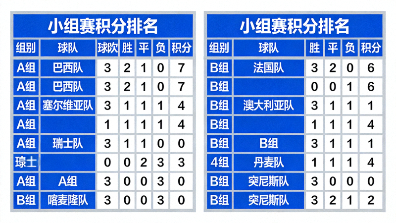 小组赛对阵表，显示各队积分和胜负关系